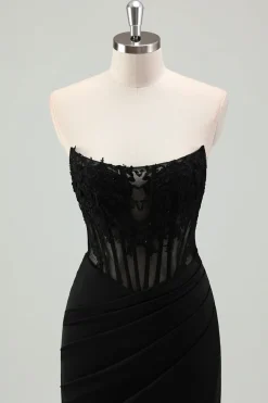 Sereia Preta Brilhante Espartilho Sem Alças Appliqued Long Prom Dress with Slit