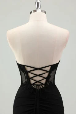Sereia Preta Brilhante Espartilho Sem Alças Appliqued Long Prom Dress with Slit