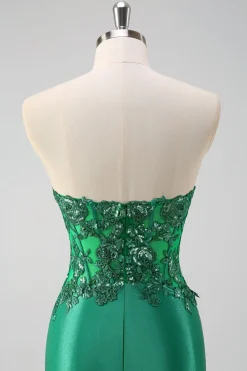 Sereia Preta Brilhante Espartilho Sem Alças Appliques Vestido Longo de Baile com Fenda