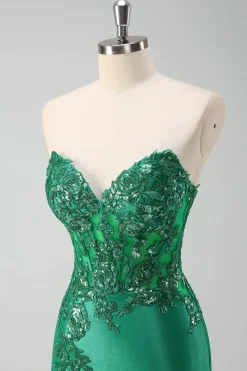 Sereia Preta Brilhante Espartilho Sem Alças Appliques Vestido Longo de Baile com Fenda