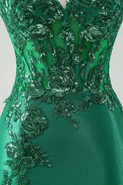 Sereia Preta Brilhante Espartilho Sem Alças Appliques Vestido Longo de Baile com Fenda