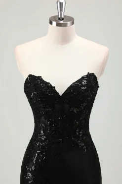 Sereia Preta Brilhante Espartilho Sem Alças Appliques Vestido Longo de Baile com Fenda