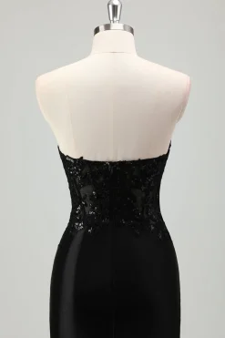 Sereia Preta Brilhante Espartilho Sem Alças Appliques Vestido Longo de Baile com Fenda
