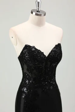 Sereia Preta Brilhante Espartilho Sem Alças Appliques Vestido Longo de Baile com Fenda