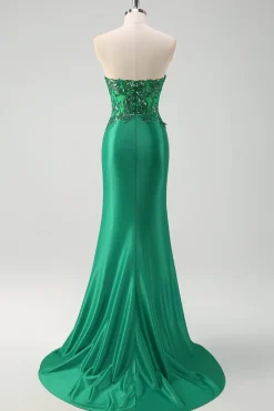 Sereia Preta Brilhante Espartilho Sem Alças Appliques Vestido Longo de Baile com Fenda