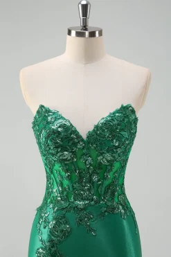 Sereia Preta Brilhante Espartilho Sem Alças Appliques Vestido Longo de Baile com Fenda