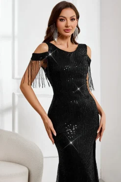 Sereia Preta Brilhante Franjas Ombro Frio Vestido de Baile de Formatura com Fenda