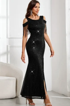 Sereia Preta Brilhante Franjas Ombro Frio Vestido de Baile de Formatura com Fenda