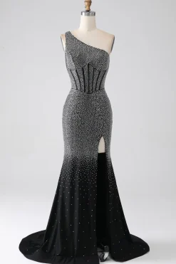 Sereia Preta Brilhante Um Ombro Corset Prom Dress