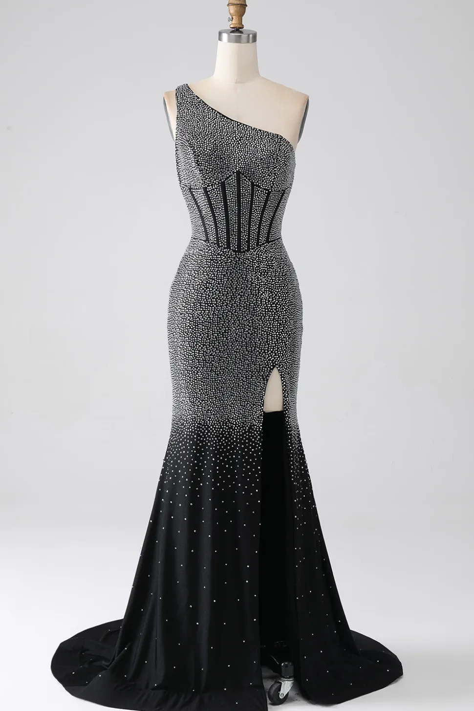 Sereia Preta Brilhante Um Ombro Corset Prom Dress