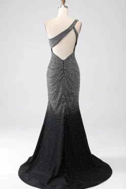 Sereia Preta Brilhante Um Ombro Corset Prom Dress