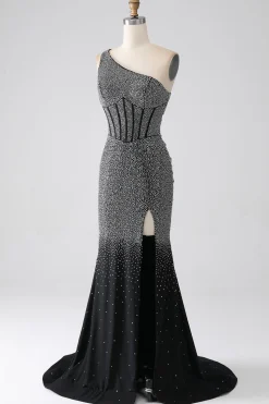 Sereia Preta Brilhante Um Ombro Corset Prom Dress