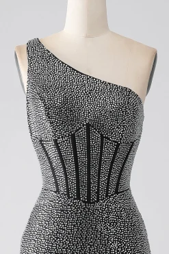 Sereia Preta Brilhante Um Ombro Corset Prom Dress