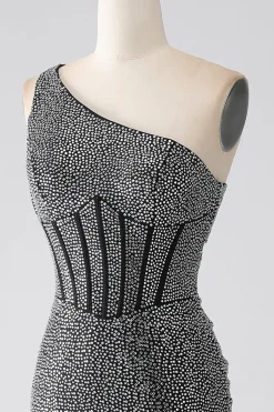 Sereia Preta Brilhante Um Ombro Corset Prom Dress
