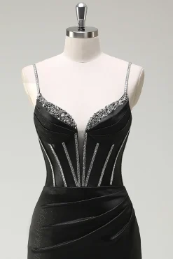 Sereia preta espaguete correias espartilho longo vestido de baile com fenda