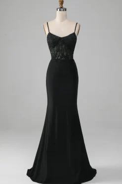 Sereia Preta Esparguete Correias Corset Prom Dress Com Apliques