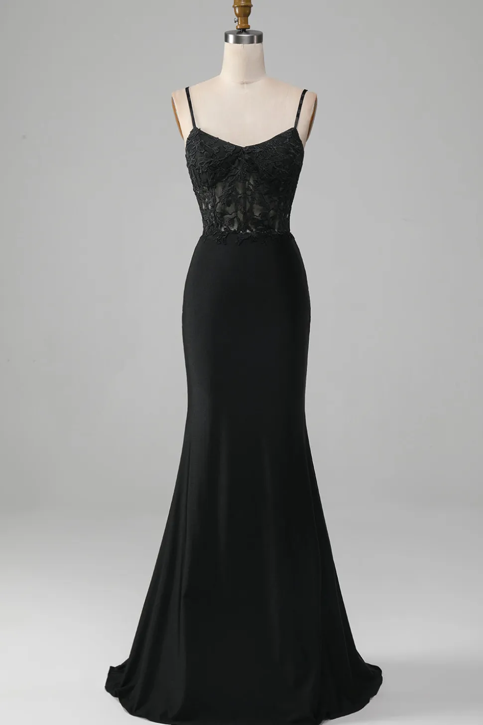 Sereia Preta Esparguete Correias Corset Prom Dress Com Apliques
