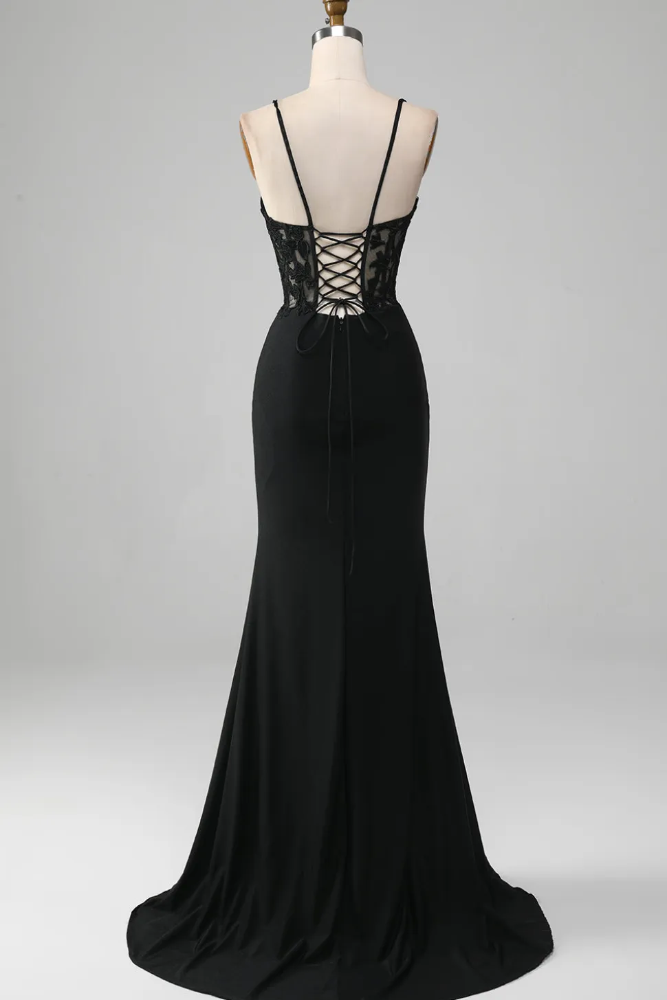 Sereia Preta Esparguete Correias Corset Prom Dress Com Apliques