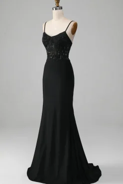 Sereia Preta Esparguete Correias Corset Prom Dress Com Apliques