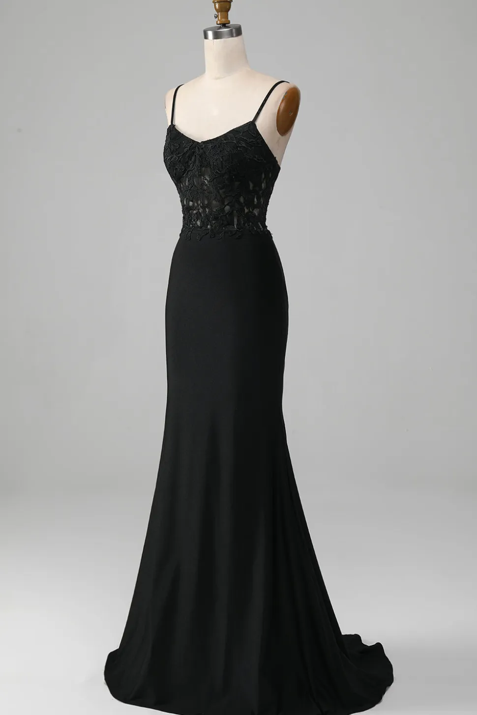 Sereia Preta Esparguete Correias Corset Prom Dress Com Apliques
