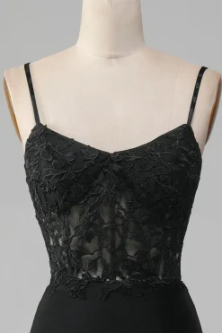 Sereia Preta Esparguete Correias Corset Prom Dress Com Apliques