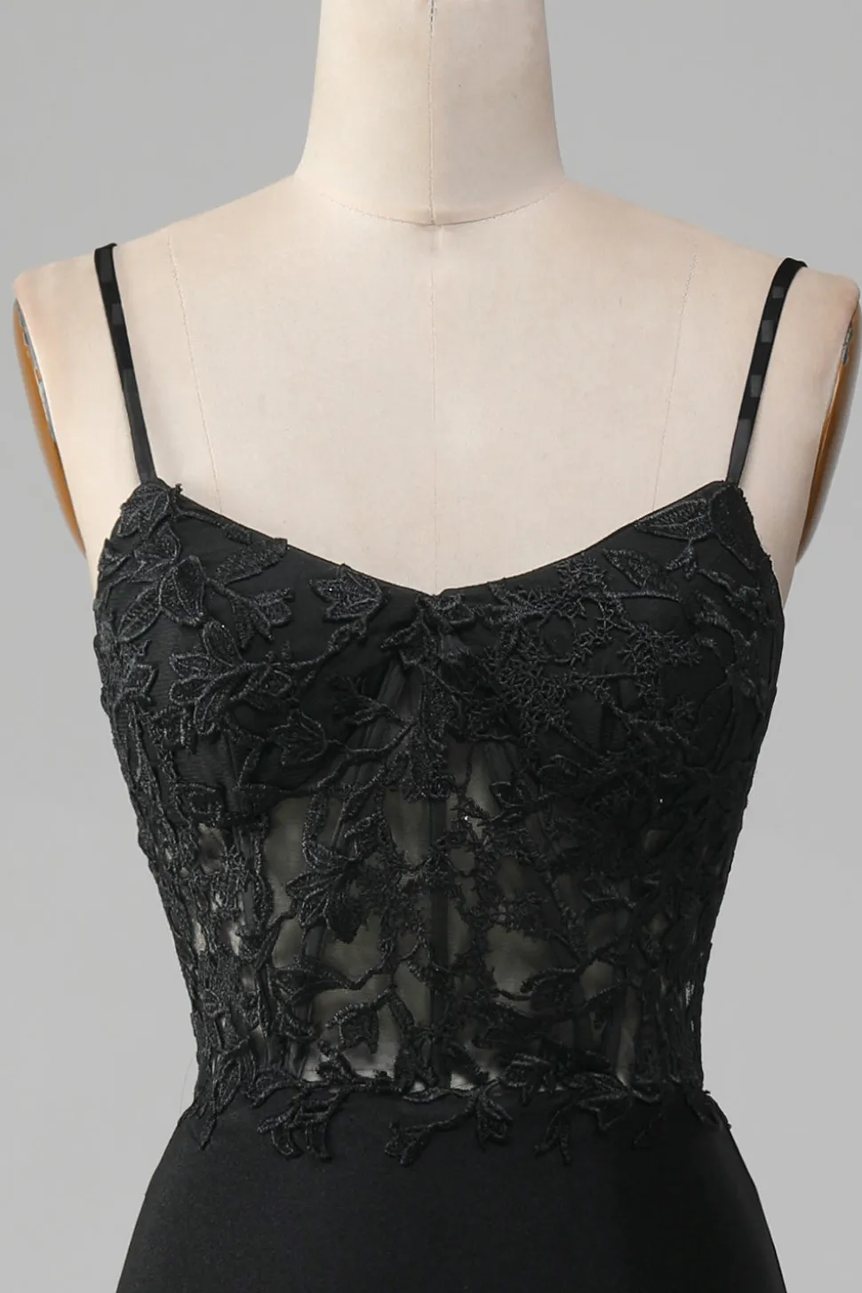 Sereia Preta Esparguete Correias Corset Prom Dress Com Apliques