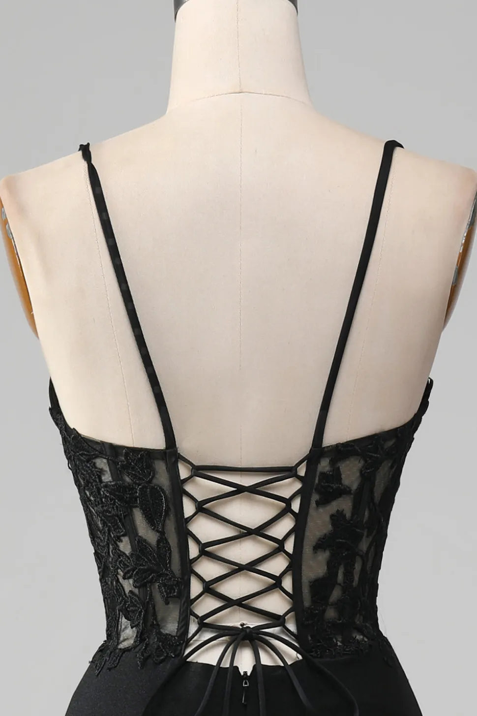 Sereia Preta Esparguete Correias Corset Prom Dress Com Apliques