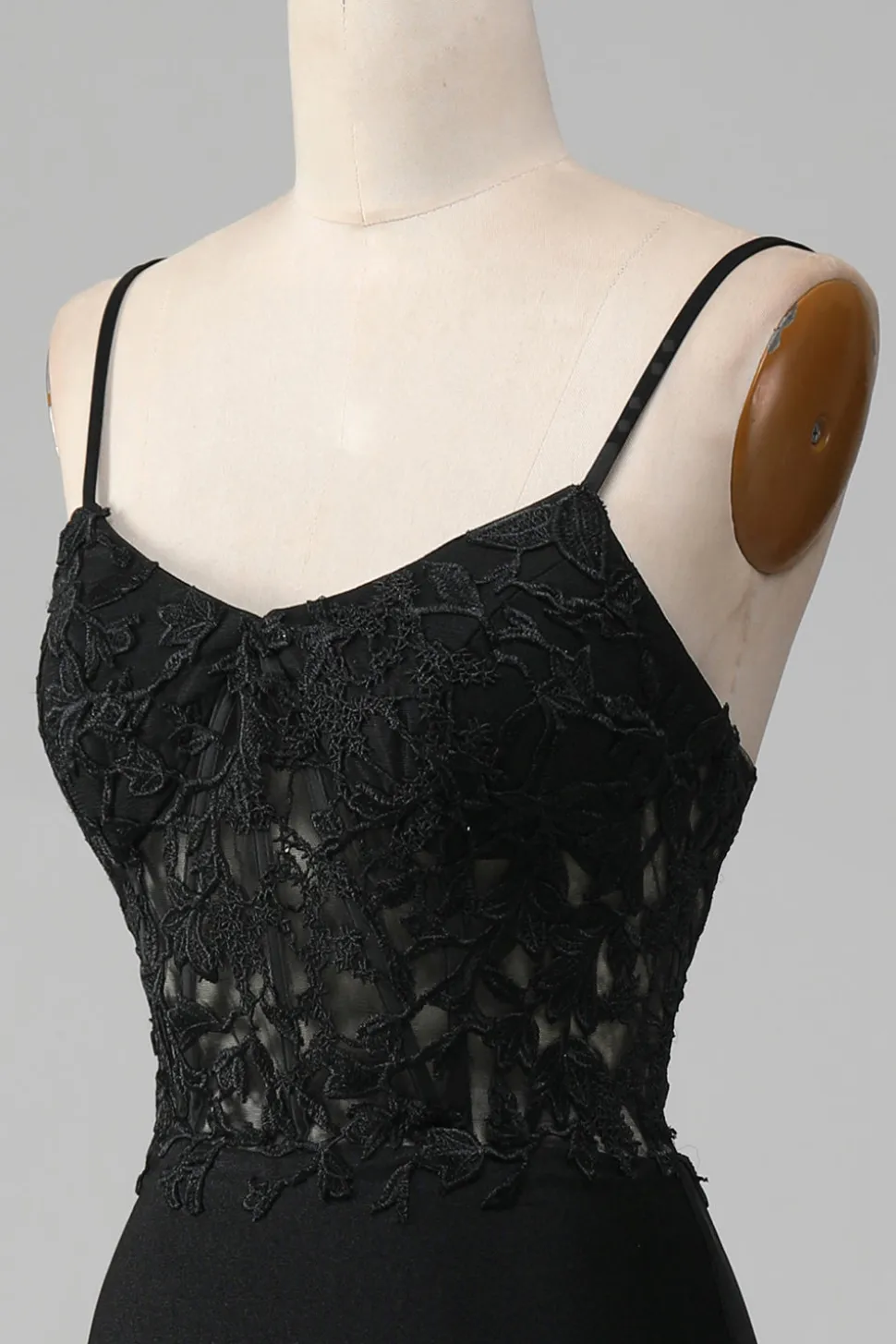 Sereia Preta Esparguete Correias Corset Prom Dress Com Apliques
