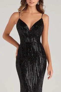 Sereia Preta Esparguete Correias Sequins Vestido Formal