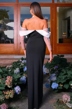 Sereia Preta Fora do Ombro Mangas Longas Ruched Long Formal Vestido com Fenda