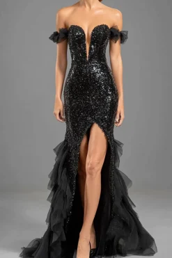 Sereia Preta Fora do Ombro Sequins Tule Vestido Formal