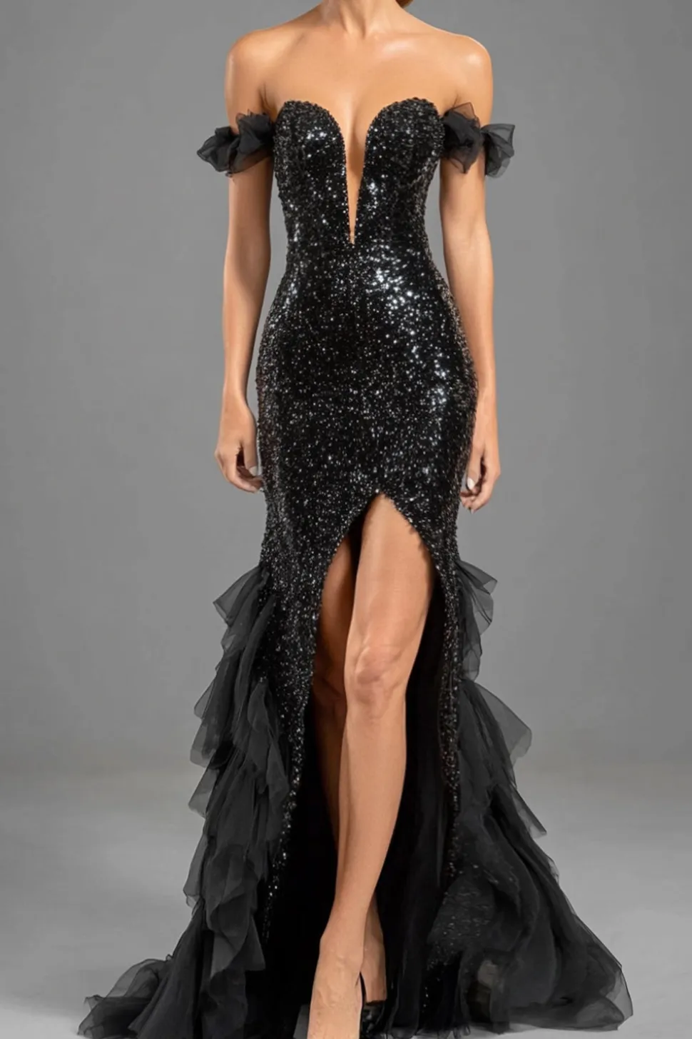 Sereia Preta Fora do Ombro Sequins Tule Vestido Formal