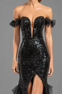 Sereia Preta Fora do Ombro Sequins Tule Vestido Formal