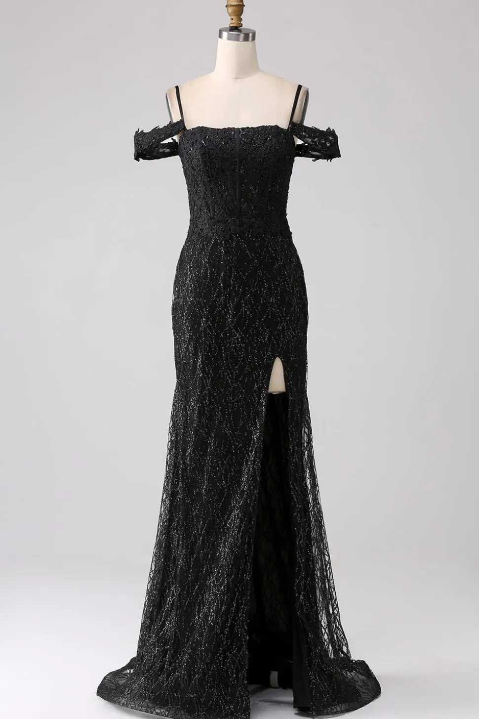 Sereia Preta Ombro Frio Vestido Longo Baile de Formatura com Fenda