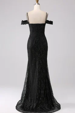 Sereia Preta Ombro Frio Vestido Longo Baile de Formatura com Fenda