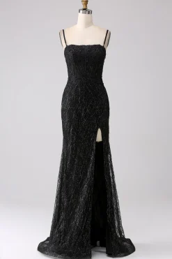 Sereia Preta Ombro Frio Vestido Longo Baile de Formatura com Fenda