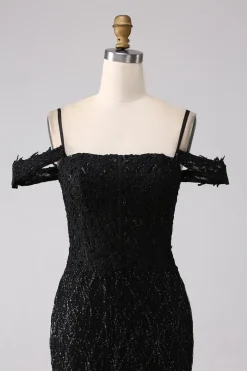 Sereia Preta Ombro Frio Vestido Longo Baile de Formatura com Fenda