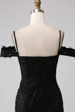 Sereia Preta Ombro Frio Vestido Longo Baile de Formatura com Fenda