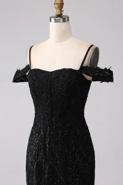 Sereia Preta Ombro Frio Vestido Longo Baile de Formatura com Fenda