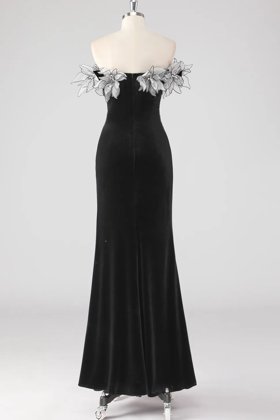 Sereia preta sem alças plissado vestido formal com flores 3D