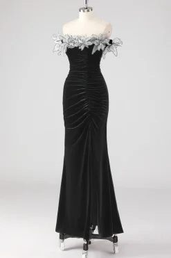 Sereia preta sem alças plissado vestido formal com flores 3D