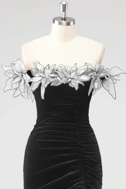 Sereia preta sem alças plissado vestido formal com flores 3D