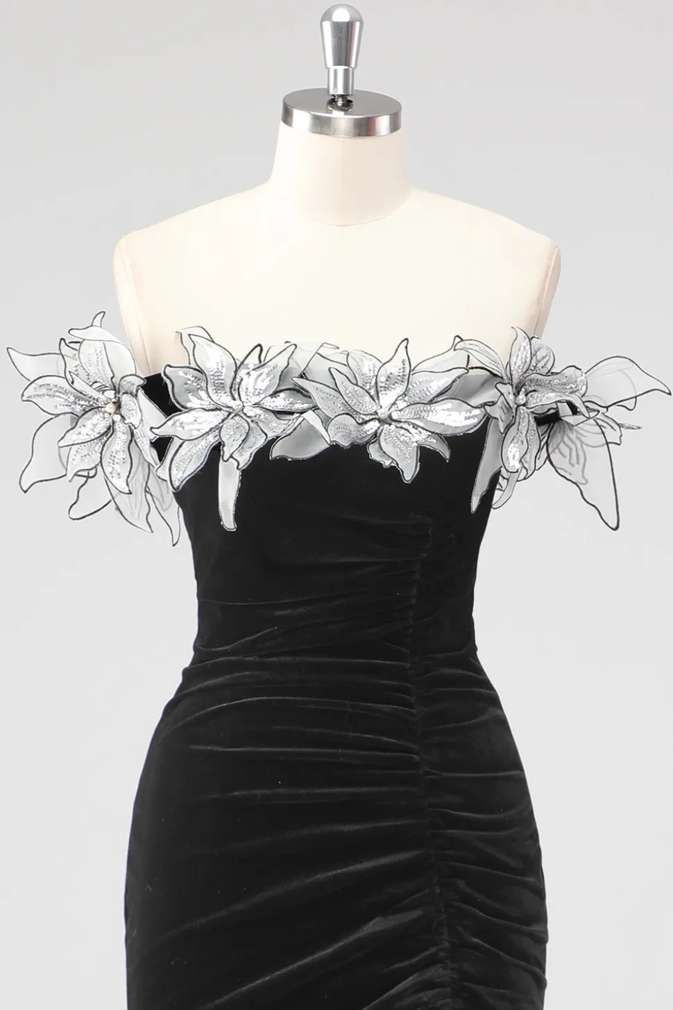 Sereia preta sem alças plissado vestido formal com flores 3D