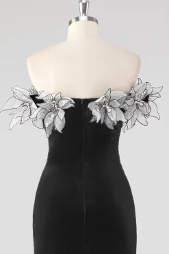 Sereia preta sem alças plissado vestido formal com flores 3D