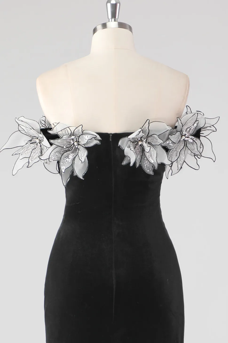 Sereia preta sem alças plissado vestido formal com flores 3D