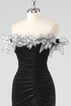 Sereia preta sem alças plissado vestido formal com flores 3D