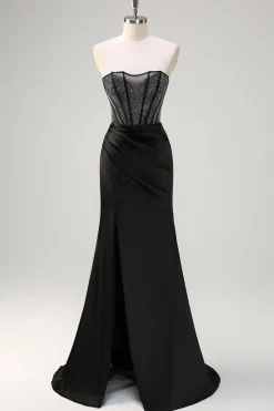 Sereia Preta Strapless Ruched Cetim Corset Long Prom Dress with Beading