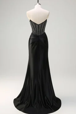 Sereia Preta Strapless Ruched Cetim Corset Long Prom Dress with Beading