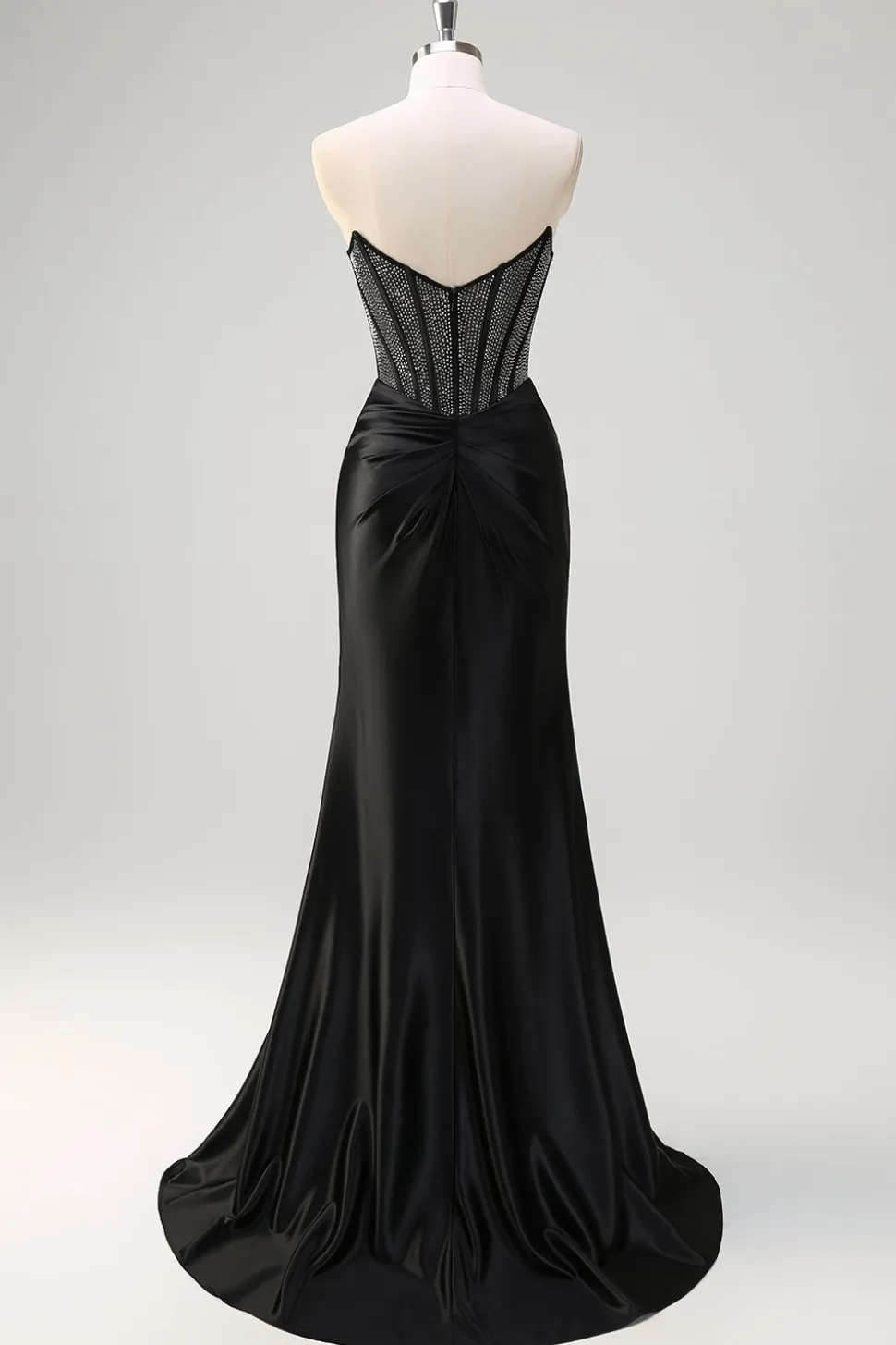 Sereia Preta Strapless Ruched Cetim Corset Long Prom Dress with Beading
