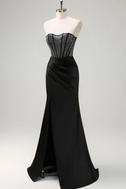 Sereia Preta Strapless Ruched Cetim Corset Long Prom Dress with Beading